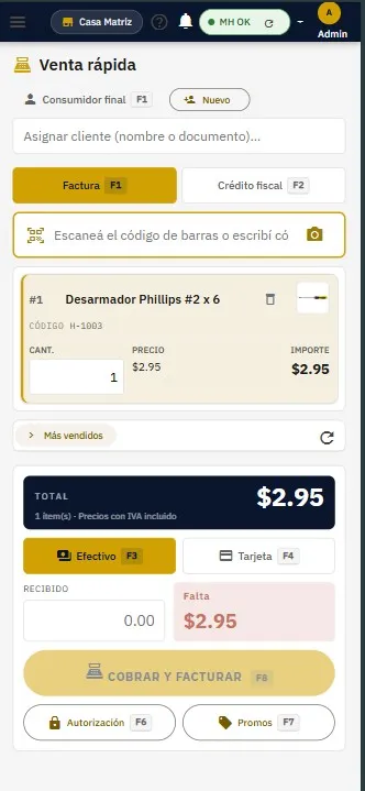 Pantalla de venta rápida de Softcus en un teléfono